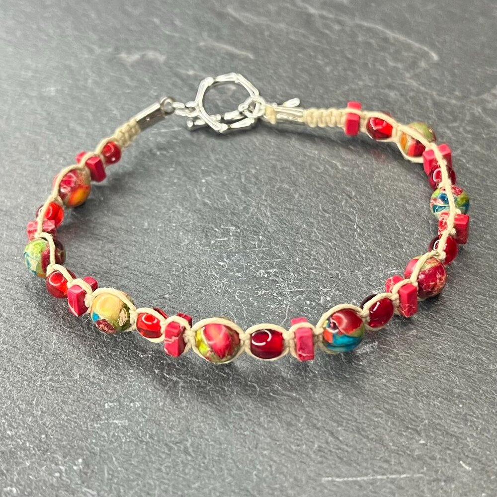 Handmade Braided Hemp Bracelet | Sea Sediment Red Jasper Stone | Glass Beads